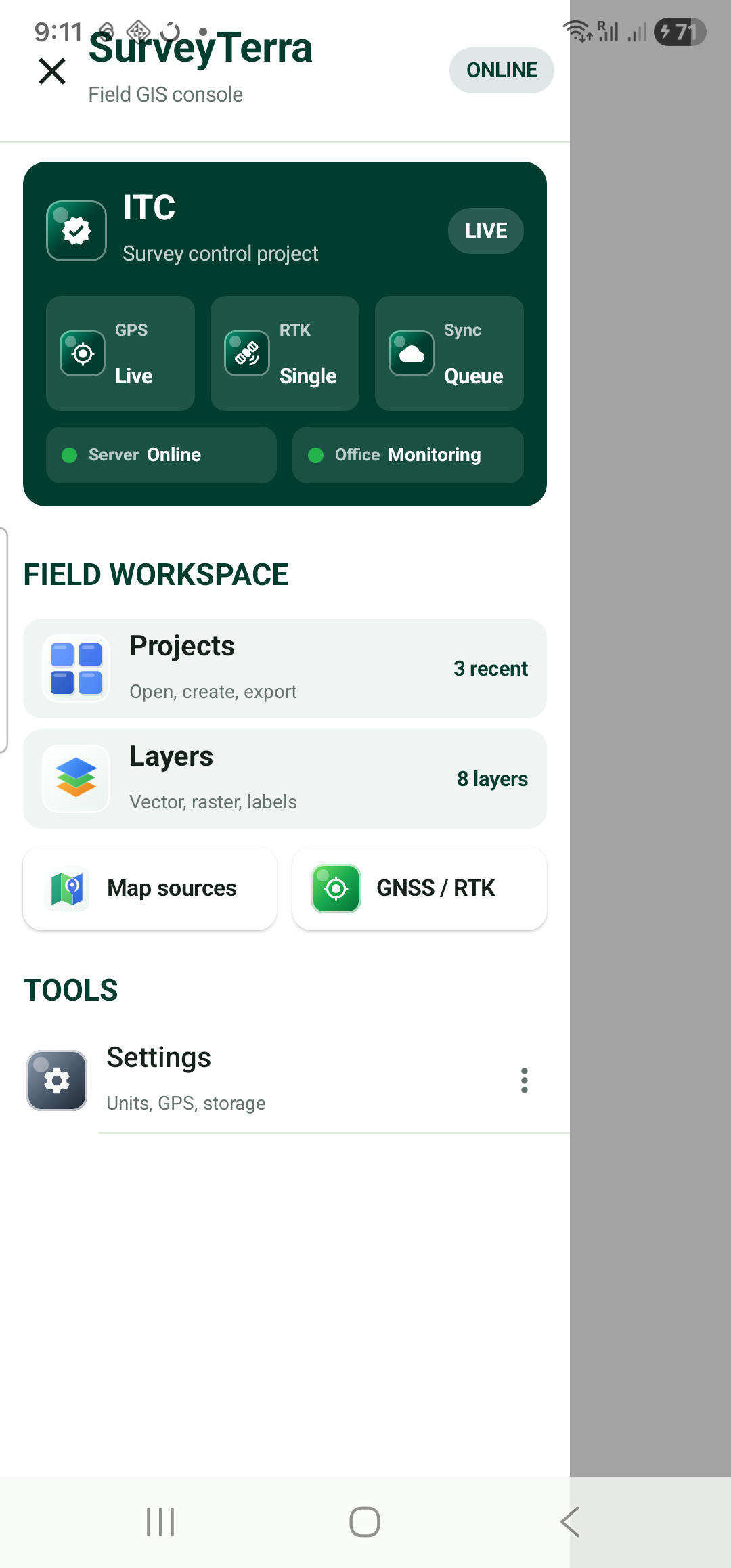 SurveyTerra field console with project, layer and GNSS tools